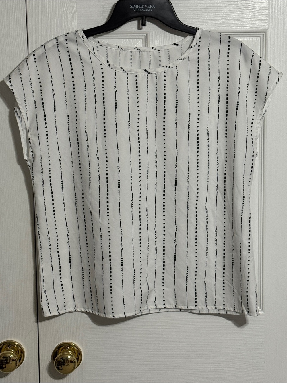 SHEIN White Blouse with Black Vertical Dot Stripes Cap Cut Off Sleeve
